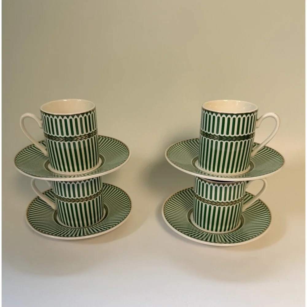 Grace Teaware Espresso Coffee Set 4 Cups & Saucers Green White Stripe New in Box